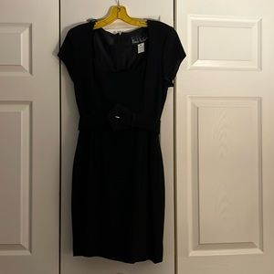 Vintage 1993 Nicole Miller Black belted short cocktail dress. Slightly shaped.